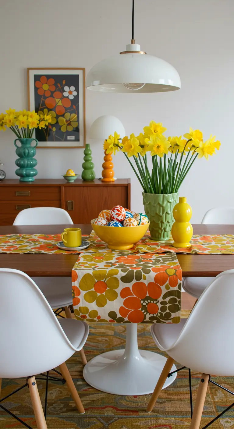 Table de Pâques de style rétro années 70 avec un chemin de table à motifs floraux orange.