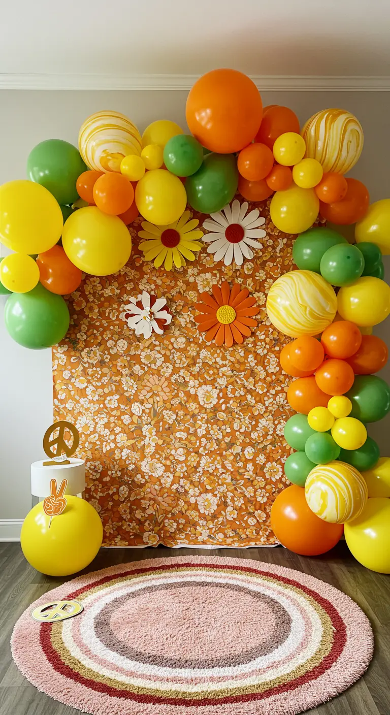 Photobooth thème années 70 avec un fond floral, des fleurs en papier et des ballons orange et verts.