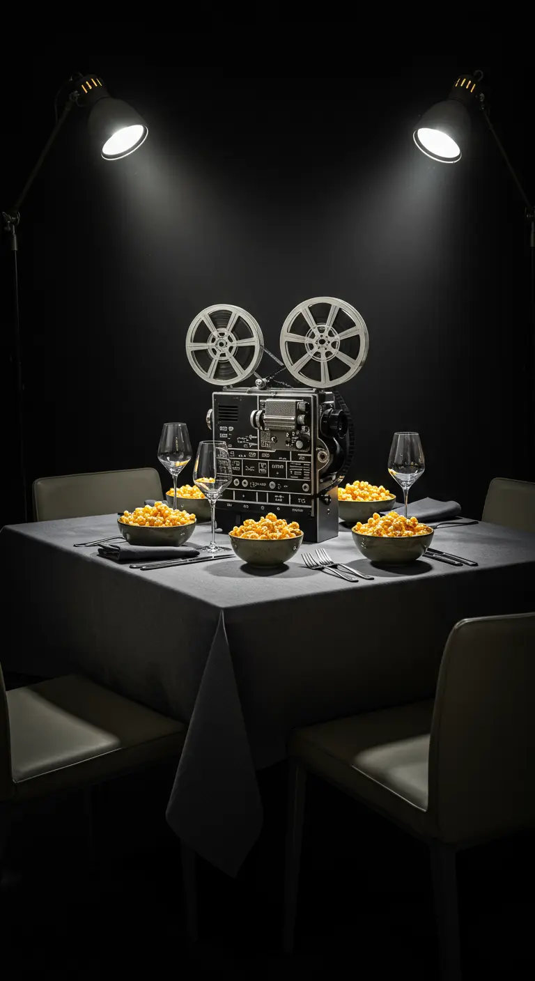 Table carrée minimaliste avec projecteur de film vintage comme pièce maîtresse sous des spots.