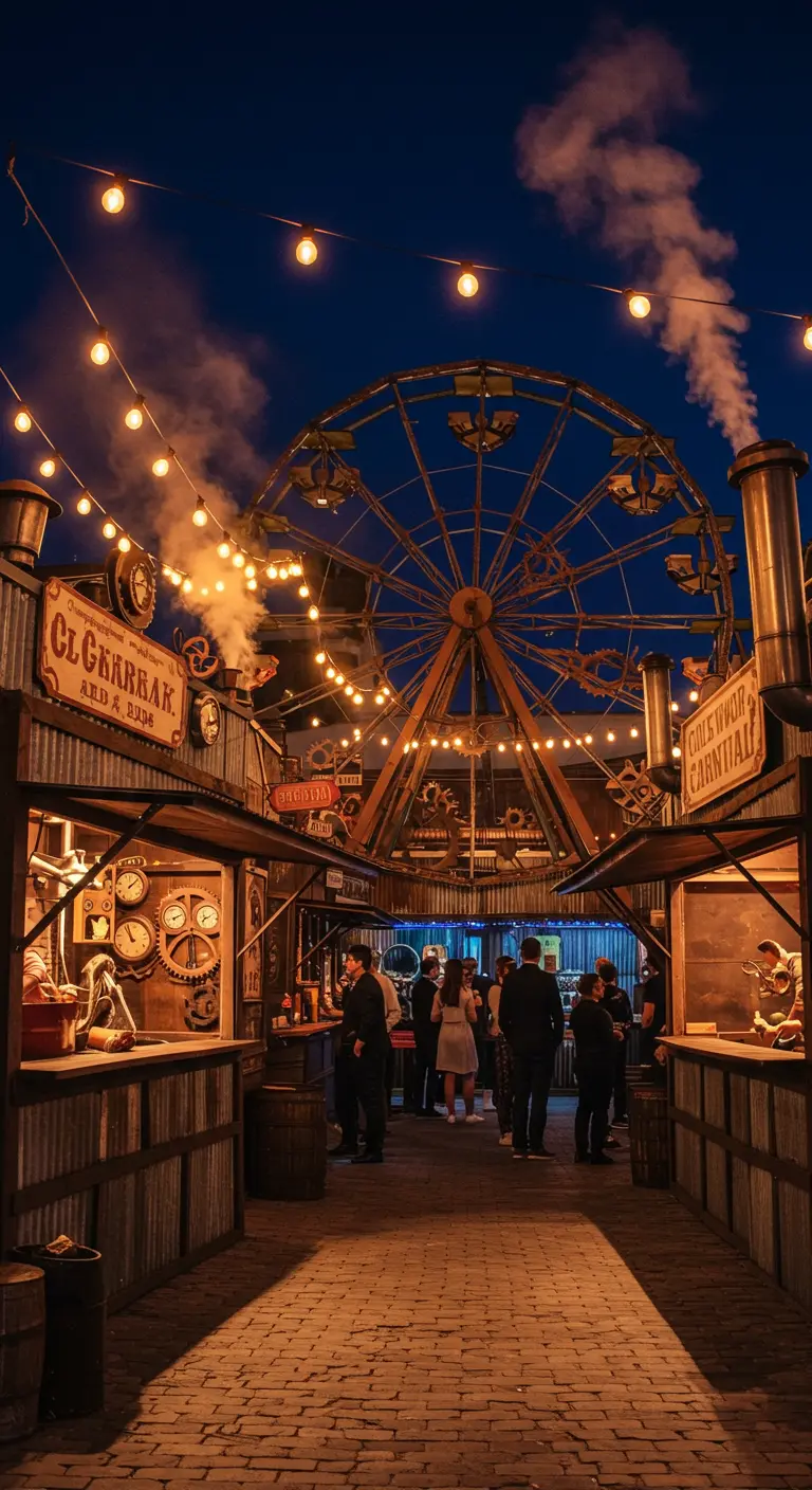 Foire nocturne Steampunk avec grande roue, guirlandes lumineuses, stands décorés d'horloges et de vapeur.