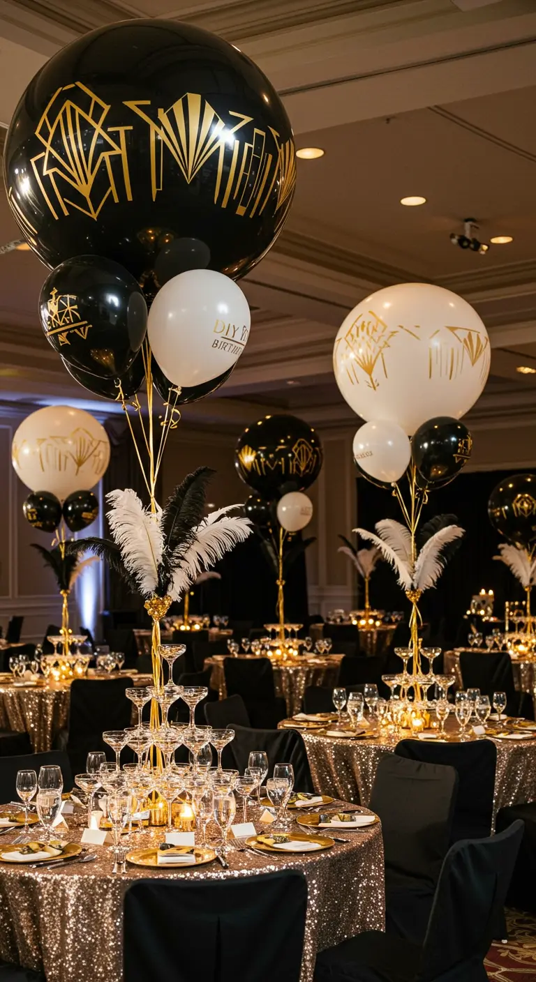 Ballons noirs, blancs et or style Art Déco pour une fête Gatsby.