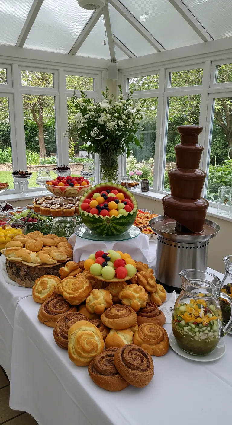 Grand buffet de fête avec fontaine à chocolat, fruits frais coupés et assortiment de viennoiseries.