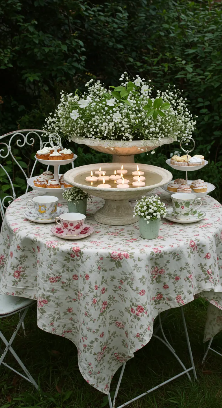 Petite table de bistro, nappe florale, présentoirs de gâteaux, fontaine avec bougies flottantes.