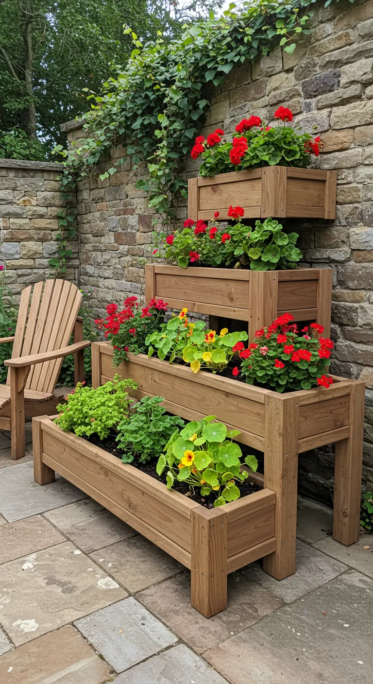 Jardinière en bois à niveaux contre un mur de pierre, remplie de géraniums rouges et autres plantes.
