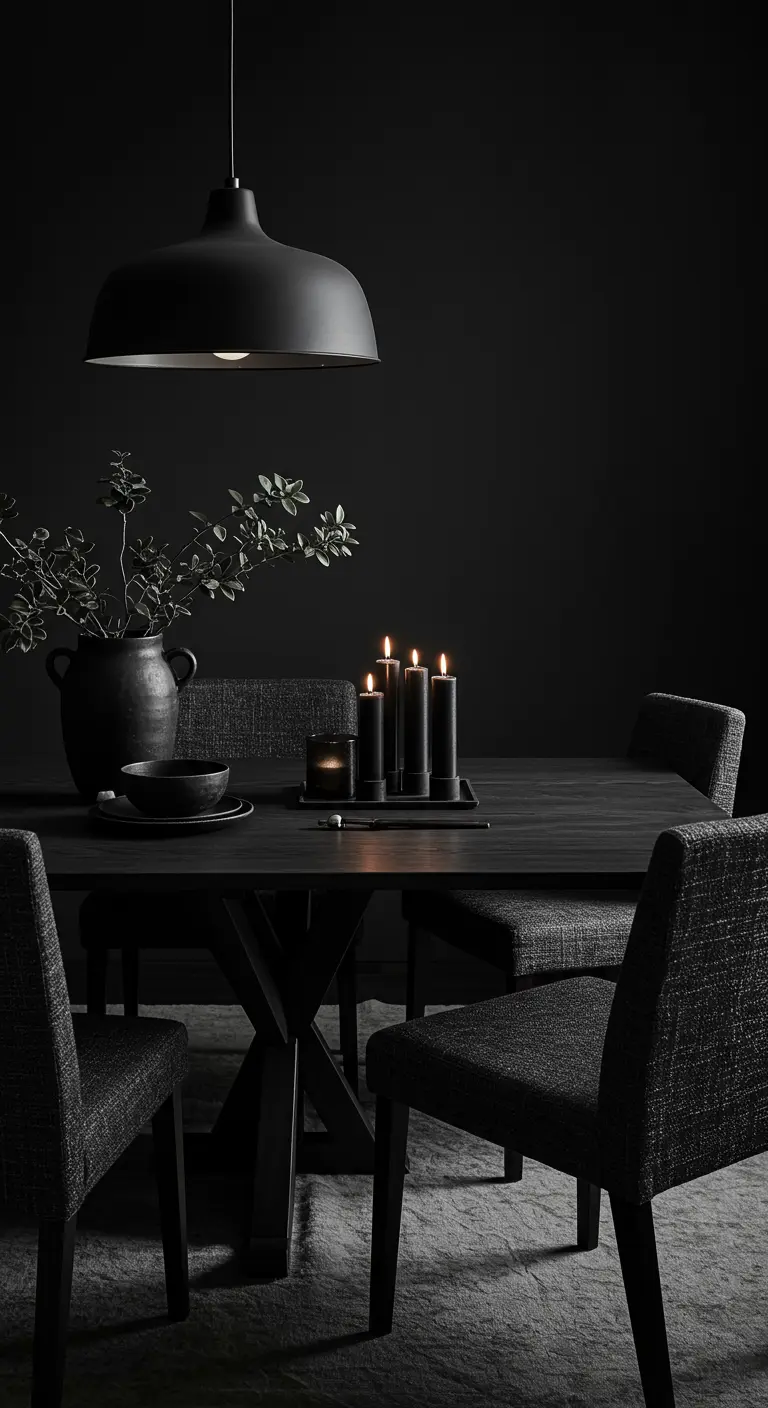 Salle à manger Japandi noire avec table, chaises, suspension, vase et bougies noires.