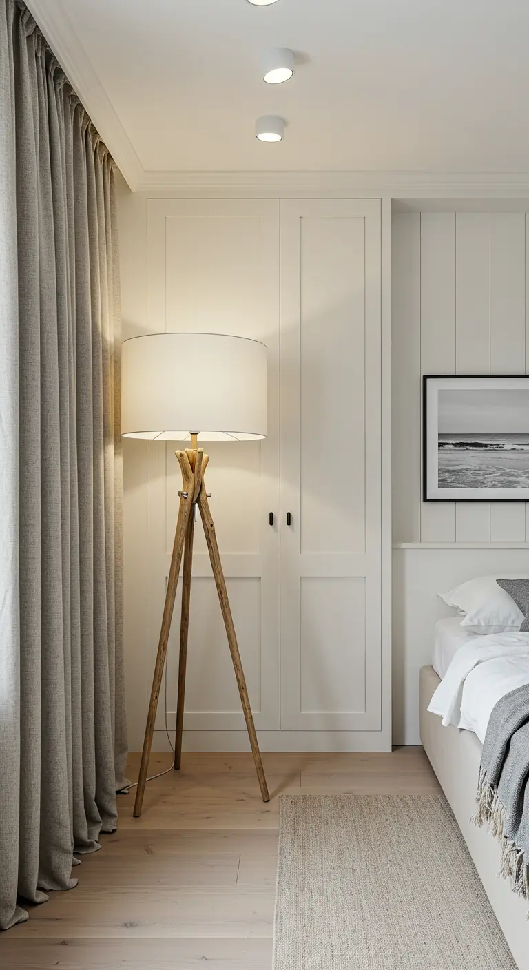 Chambre minimaliste blanche avec un grand lampadaire tripode en bois.