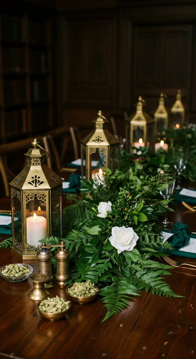 Centre de table avec feuillage vert, lanternes dorées et roses blanches.