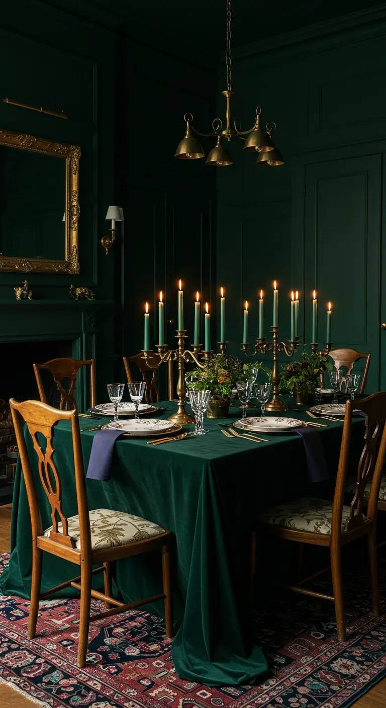 Table de salle à manger dressée avec une nappe en velours vert et des chandeliers en laiton.