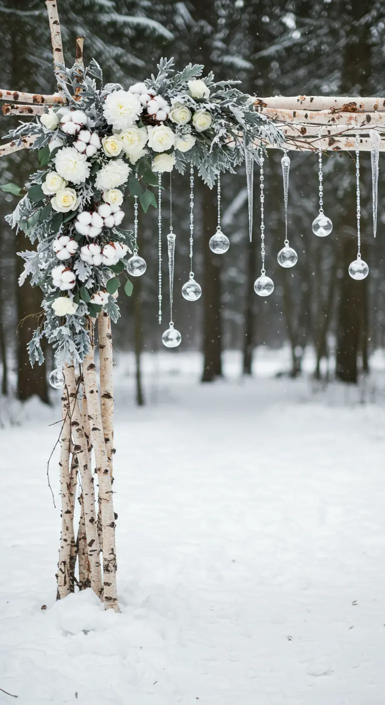Arche de mariage hivernale en bouleau avec des fleurs blanches et des glaçons suspendus.
