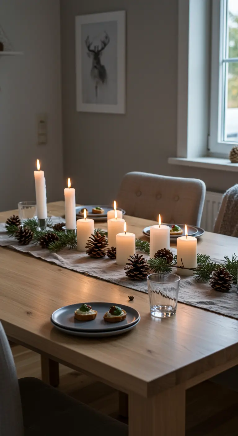 Table de salle à manger scandinave avec bougies et pommes de pin