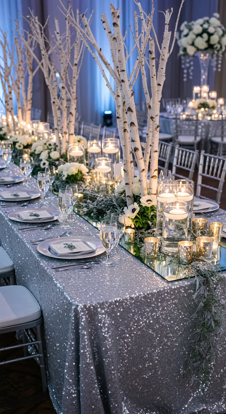 Décor de table hivernal avec nappe à paillettes argentées et branches de bouleau.