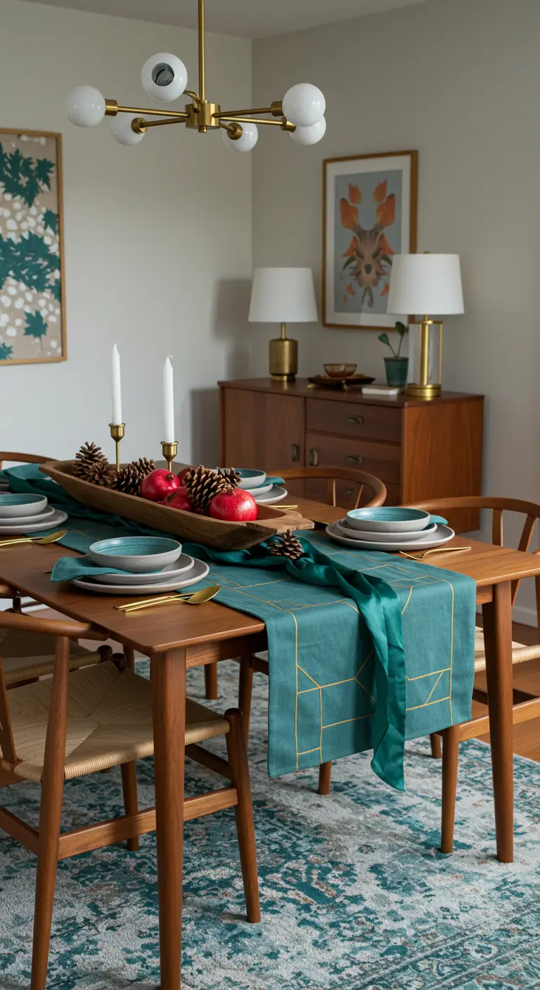 Table en bois mid-century avec chemin de table sarcelle et centre de table avec pommes.