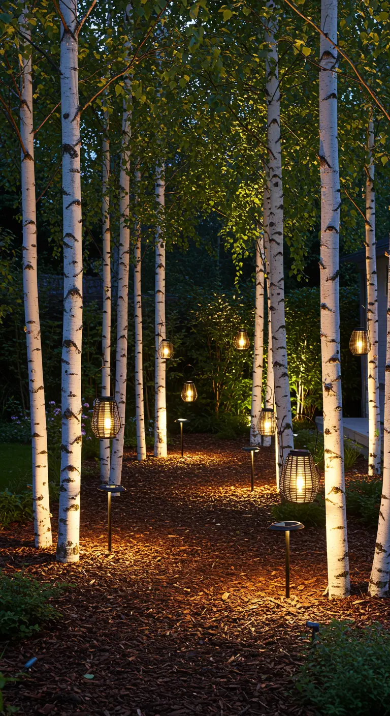 Bosquet de bouleaux éclairé par des spots et des lanternes solaires suspendues.