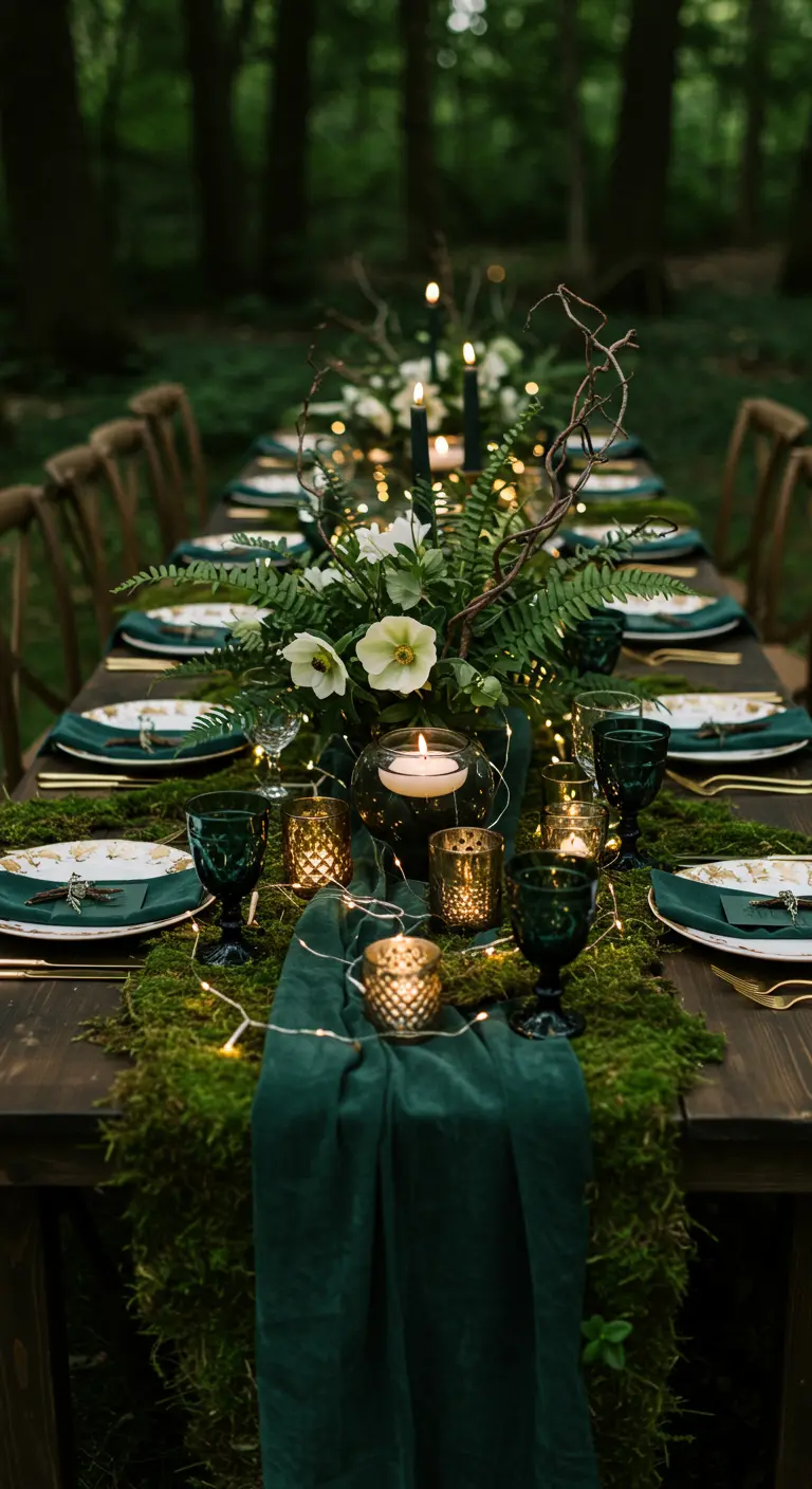Table de mariage thème forêt avec mousse, fougères et guirlandes lumineuses.