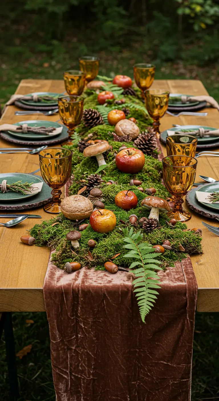Table décorée avec de la mousse, des champignons et des pommes.