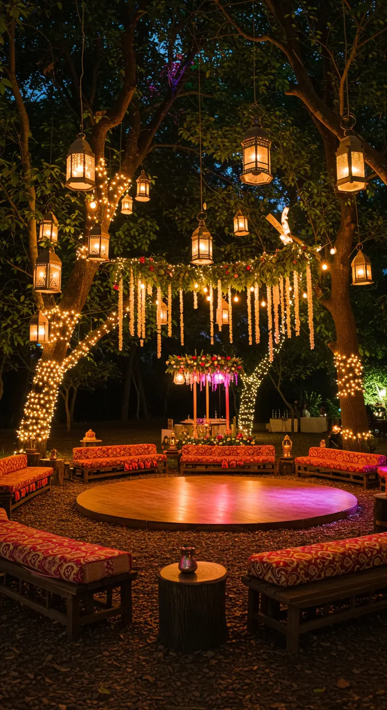 Jardin la nuit avec des arbres enroulés de guirlandes lumineuses et des lanternes.