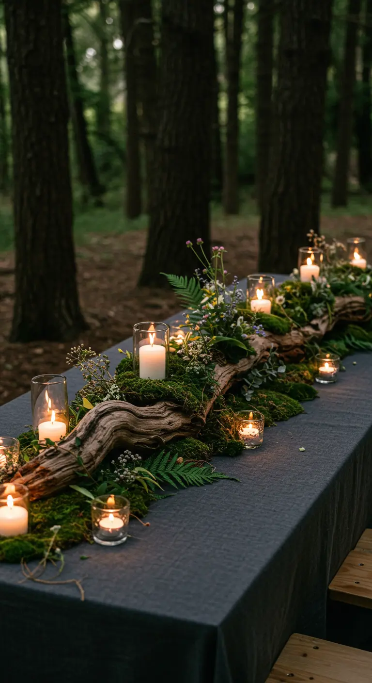 Centre de table sombre avec une branche de bois, de la mousse et de nombreuses bougies allumées.