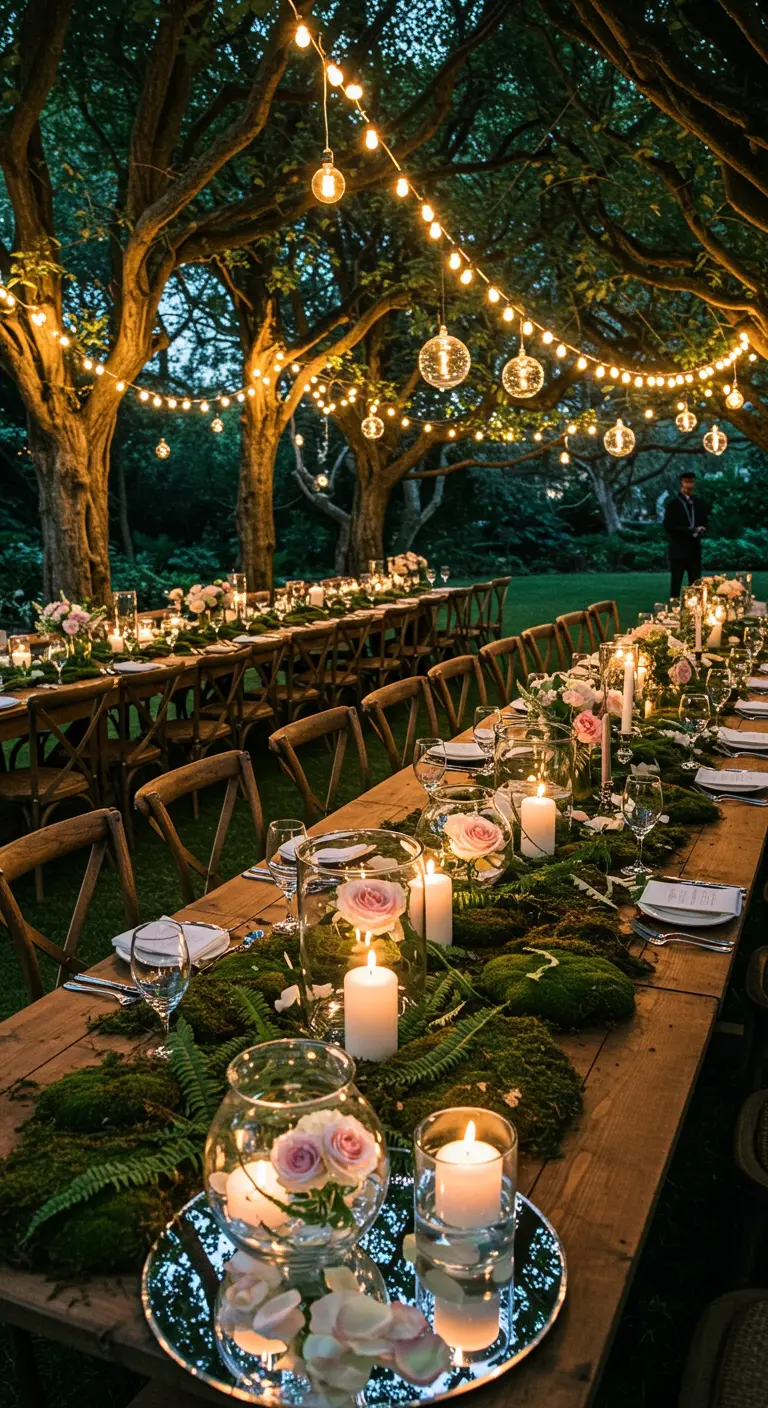 Longue table en bois dans un jardin, décorée de mousse, bougies et guirlandes lumineuses.