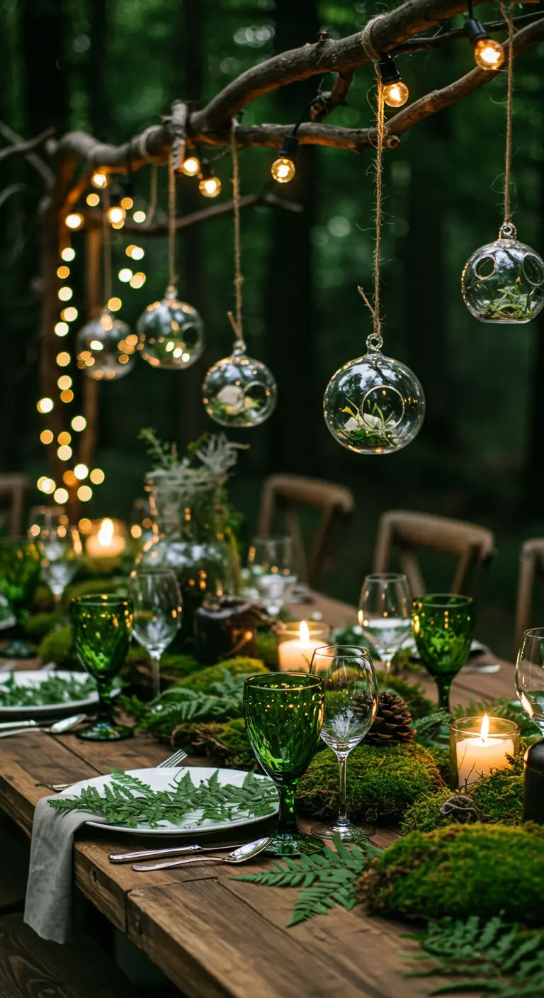 Table en bois dans une ambiance forestière, décorée de mousse, de fougères et de photophores suspendus.
