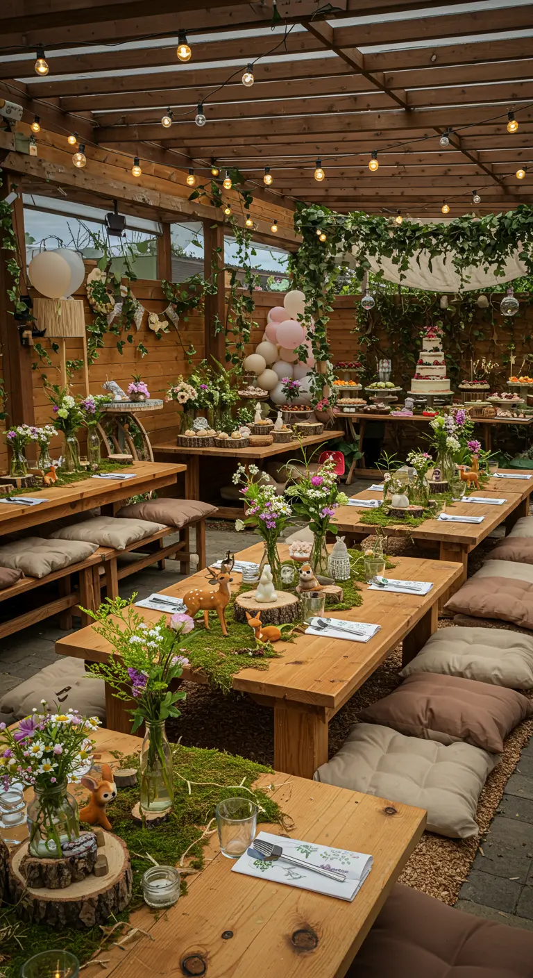 Table de réception sur le thème de la forêt avec coussins, mousse, faons en bois et guirlandes lumineuses.