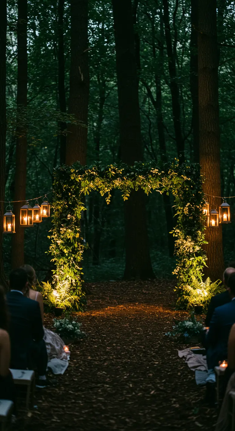 Arche de feuillage vert éclairée par des lanternes et des spots lumineux dans une forêt sombre.