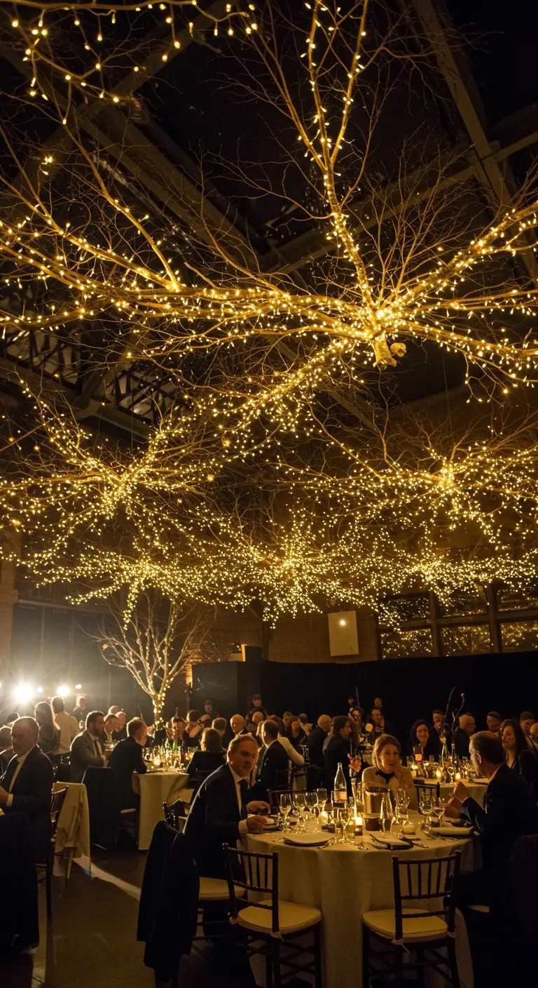 Plafond d'une salle de réception couvert de branches d'arbres illuminées de guirlandes.