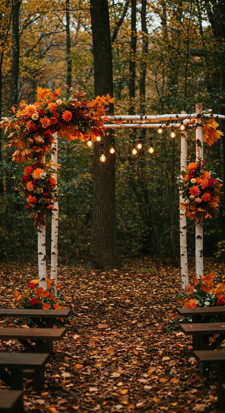 Arche de mariage en bouleau avec fleurs orange et guirlandes dans une forêt d'automne.
