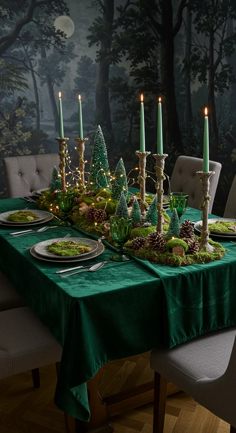 Table de salle à manger avec nappe verte, décorée de petits sapins, mousse, pommes de pin et bougies lumineuses.