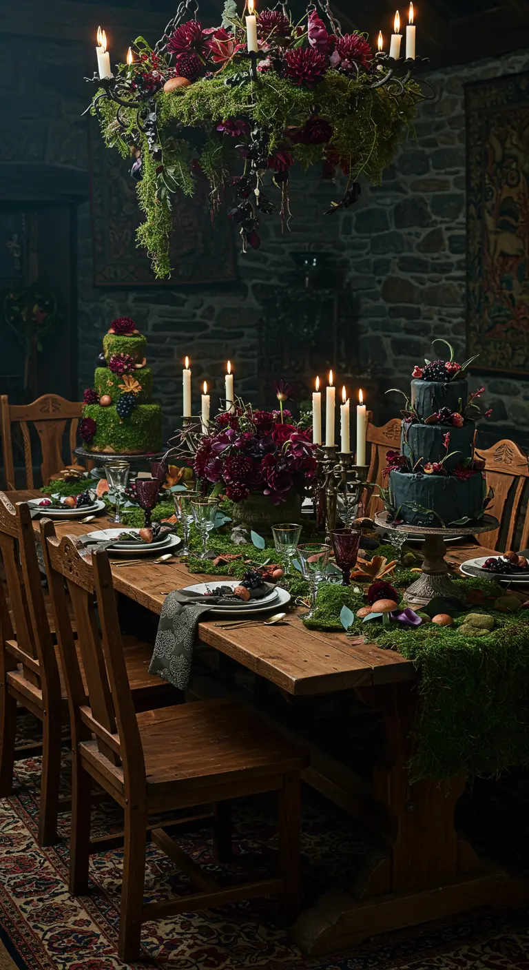 Table rustique d'automne avec chemin de table en mousse, fleurs pourpres, bougies et lustre floral suspendu.