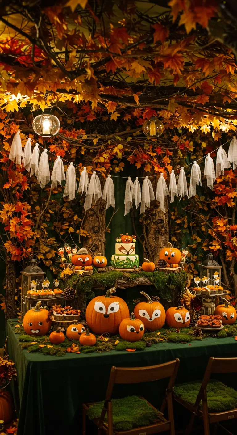 Buffet Halloween thème forêt enchantée avec des citrouilles renards.