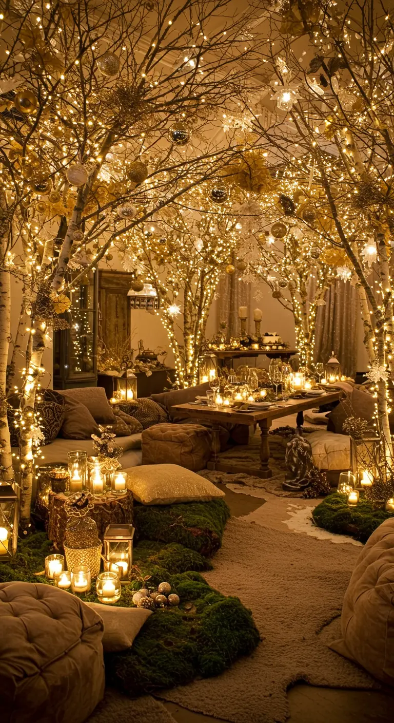 Salle décorée comme une forêt enchantée avec des arbres lumineux, coussins au sol et lanternes.