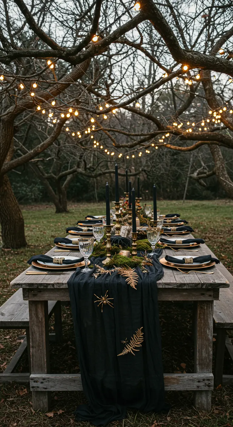 Table en plein air sous les arbres avec un chemin de table en mousse et des décorations dorées.