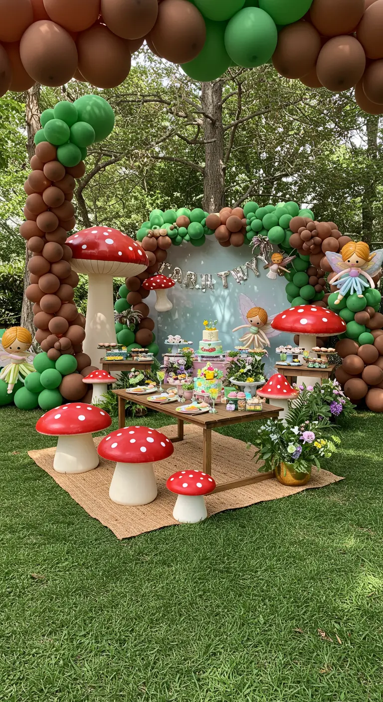 Décoration de fête dans un jardin avec une arche de ballons et des champignons géants.