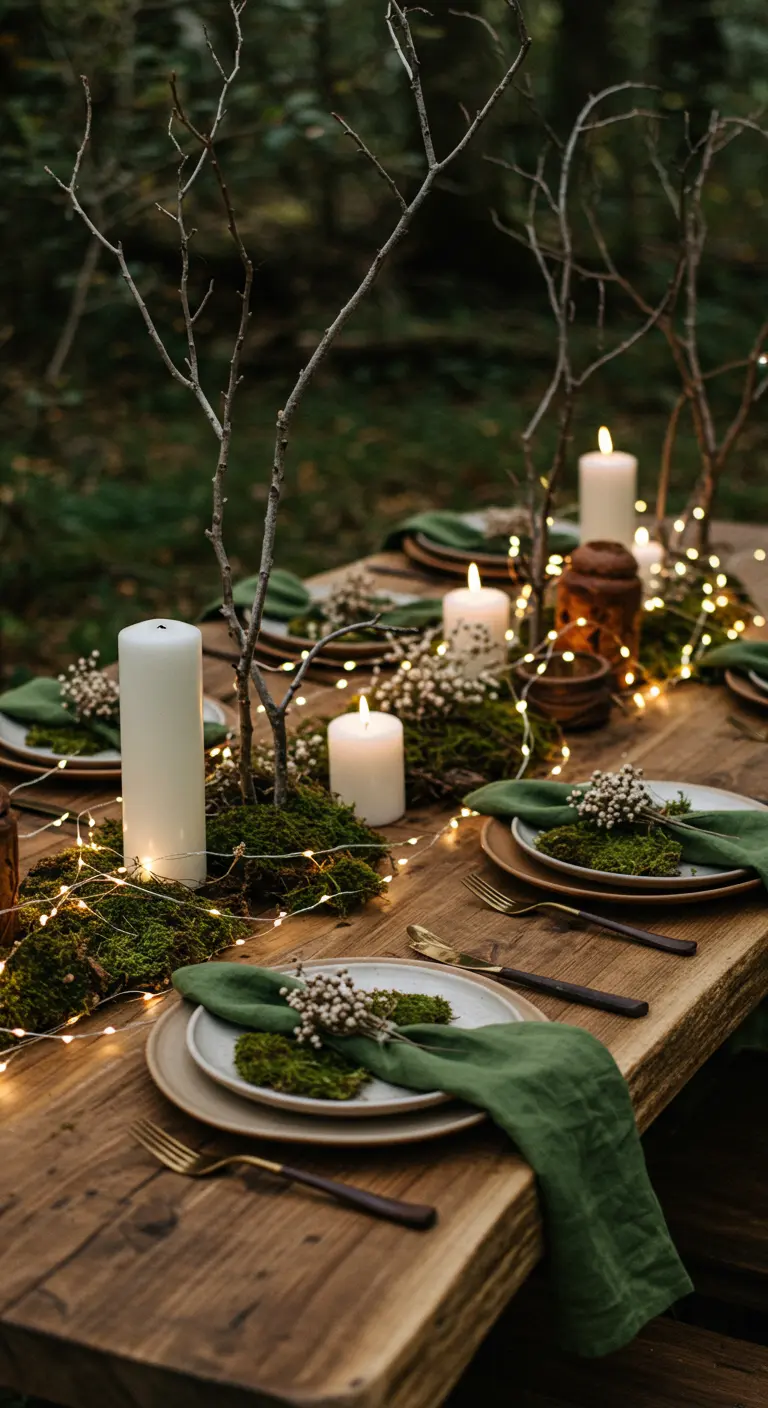 Table en bois en forêt avec mousse, petites guirlandes lumineuses, branches nues et bougies blanches.
