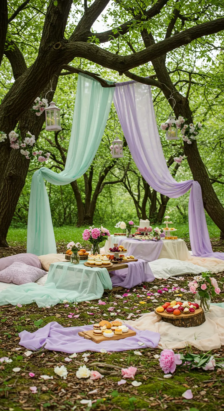 Forêt aménagée avec tables basses, voilages pastel, coussins, gâteaux et lanternes suspendues.