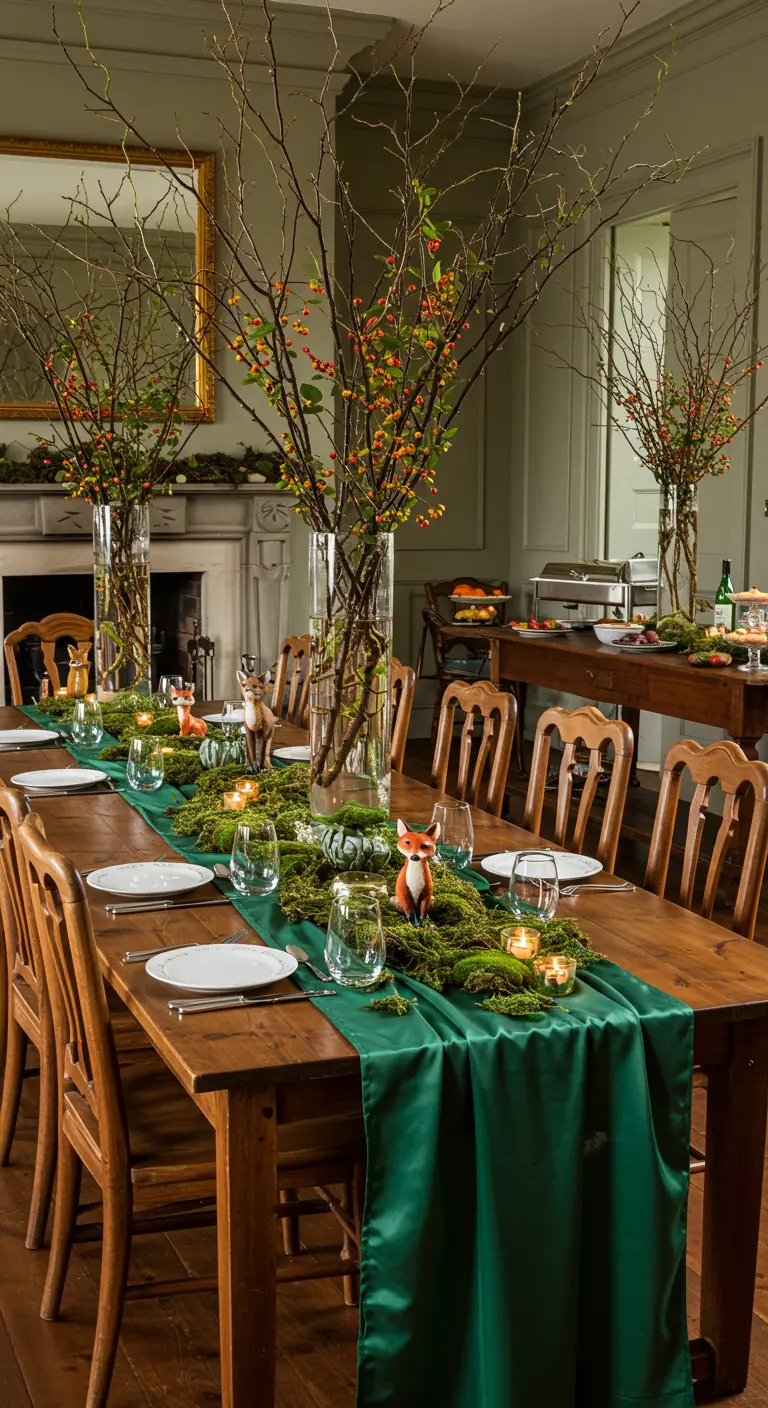 Longue table en bois avec chemin de table vert mousse, branches, baies et figurines d'animaux.