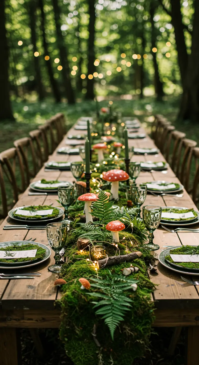 Table de mariage en forêt avec un chemin de table en mousse et des champignons décoratifs.