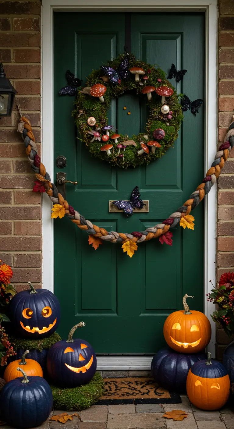 Porte verte avec couronne de mousse, champignons et guirlande tressée.
