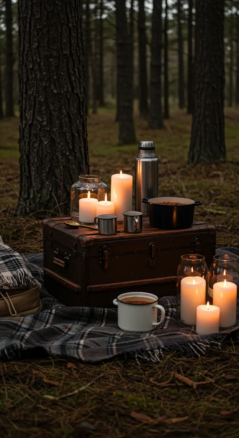Pique-nique nocturne en forêt avec des bougies, un thermos et une vieille malle.