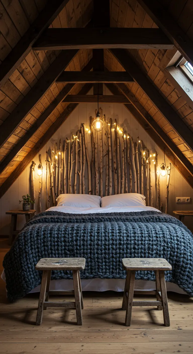 Tête de lit faite de branches verticales illuminées par des guirlandes dans une chambre mansardée.