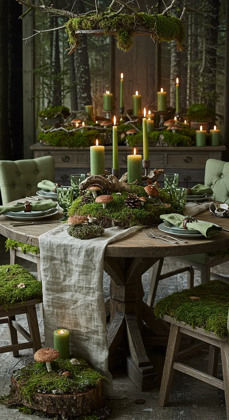 Centre de table forestier avec mousse, champignons et bougies vertes.