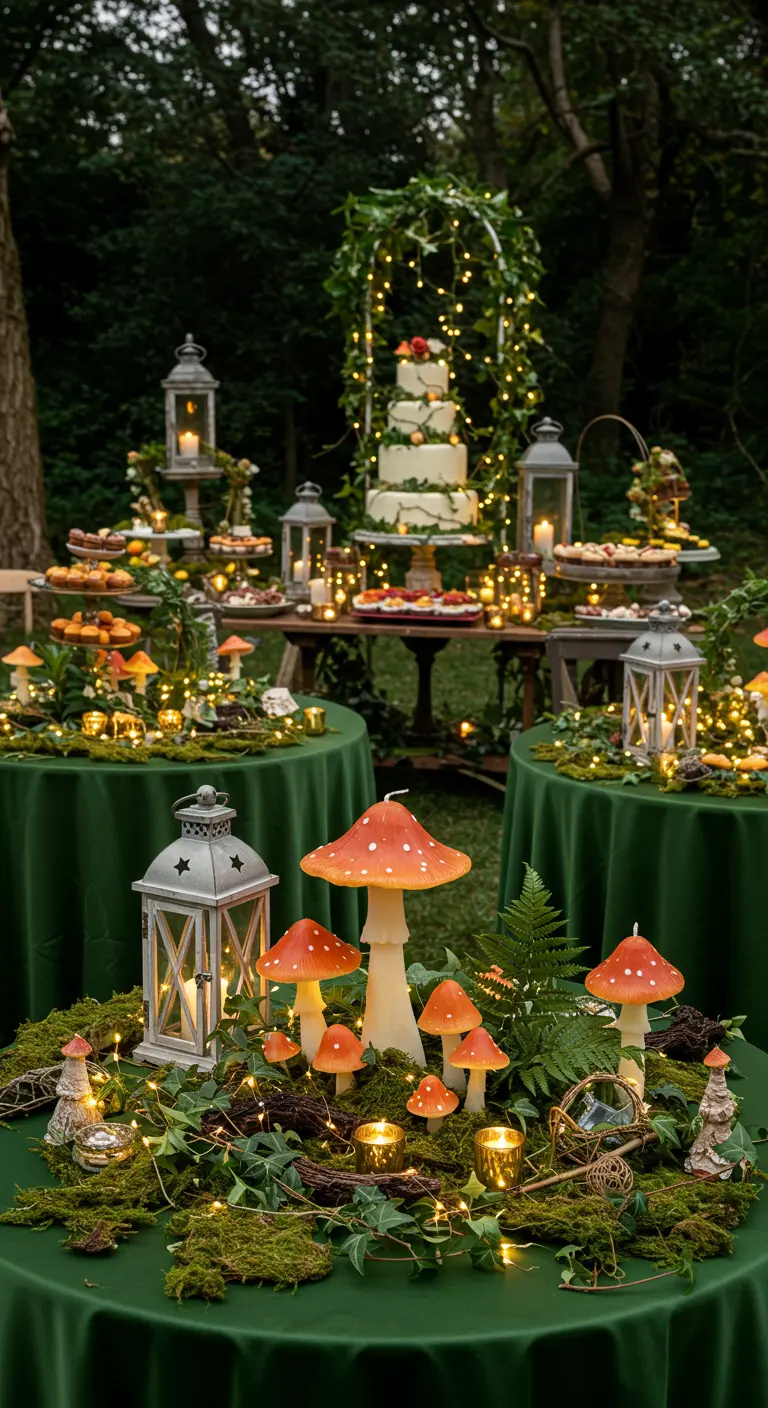 Fête en forêt avec tables vertes, décor de champignons, lanternes et gâteau blanc.