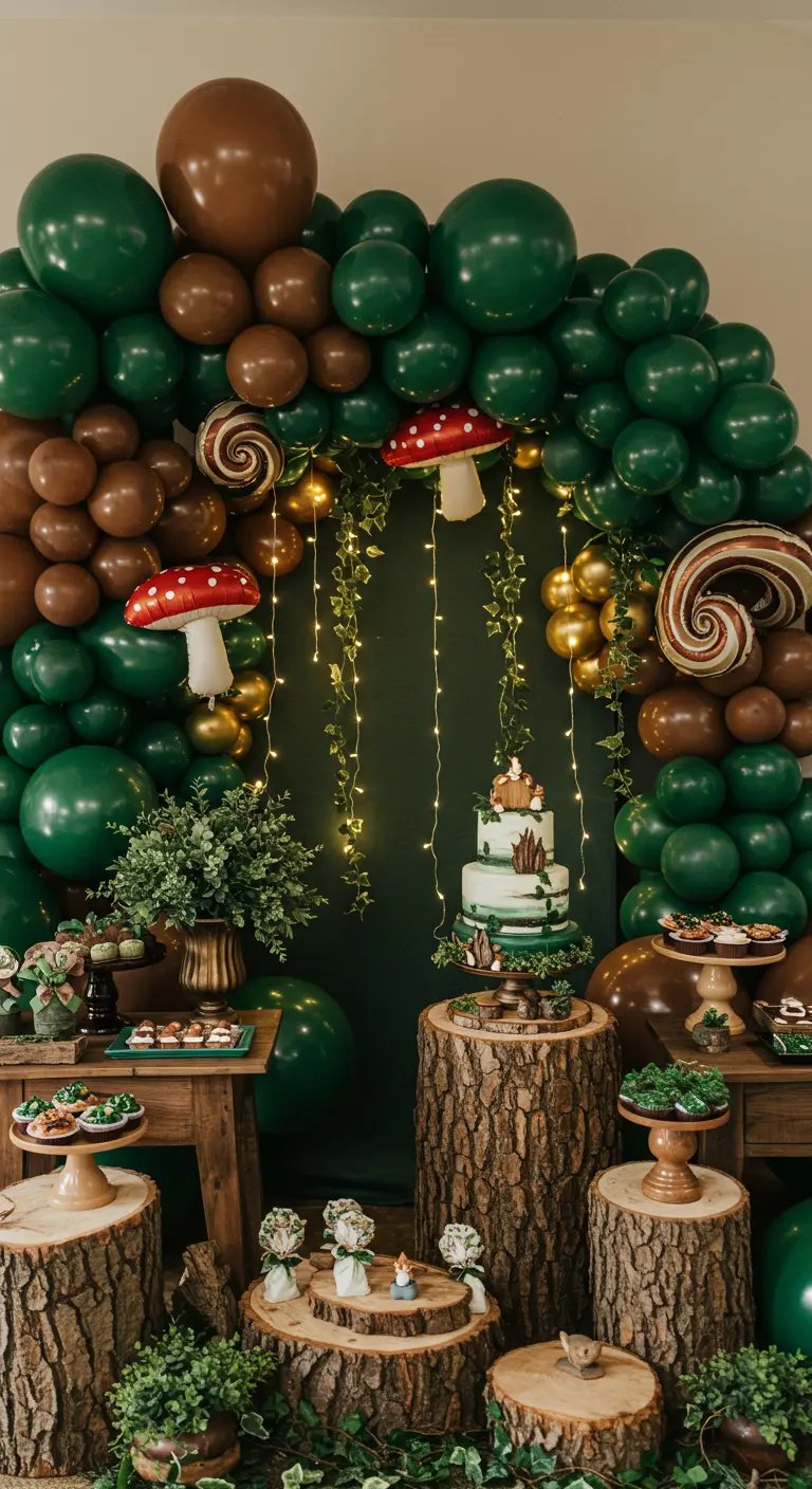 Arche de ballons forêt enchantée avec champignons et guirlandes lumineuses.