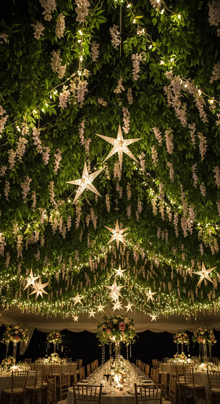 Plafond végétal avec glycines, lierre et étoiles lumineuses.