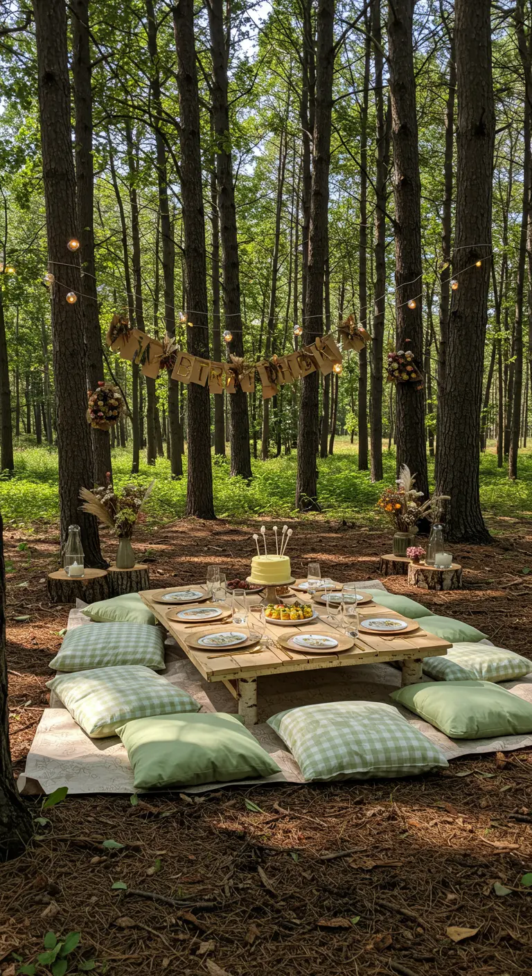 Anniversaire pique-nique en forêt, nappe et coussins verts, table basse en bois.