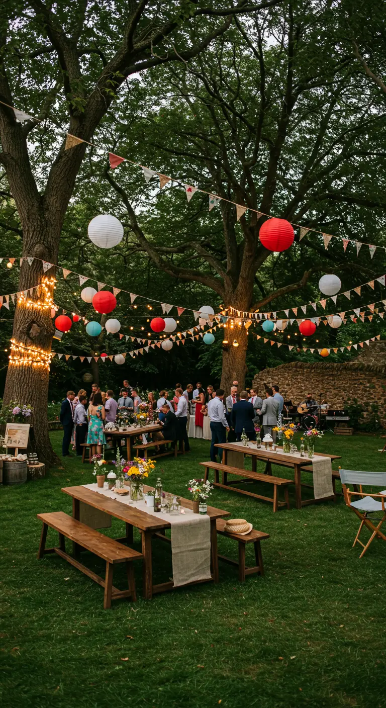 Fête de jardin sous de grands arbres, illuminée par des guirlandes, lampions et fanions colorés.