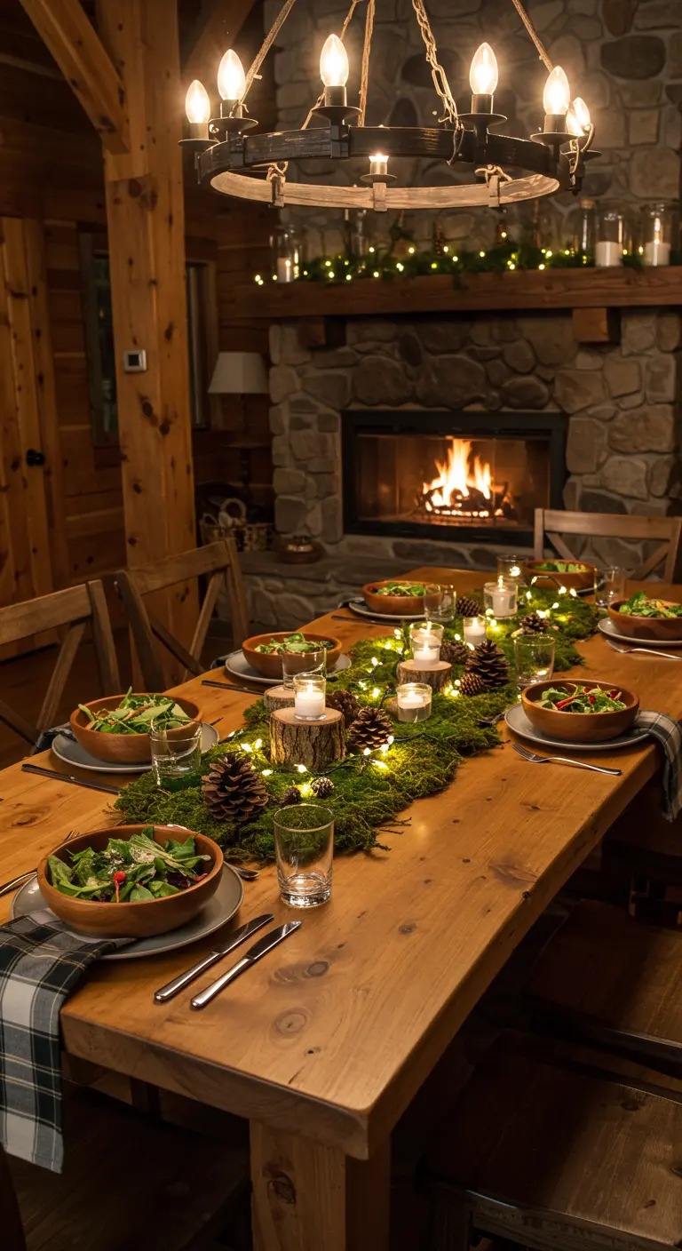 Table en bois décorée d'un chemin de mousse, pommes de pin, rondins de bois et petites lumières.