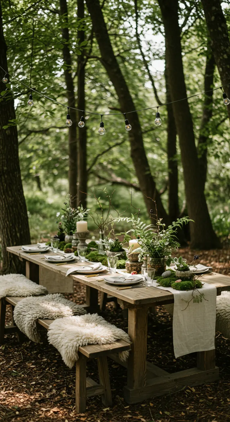Longue table en bois sous les arbres, décorée de mousse, bougies et peaux de mouton, guirlandes lumineuses.