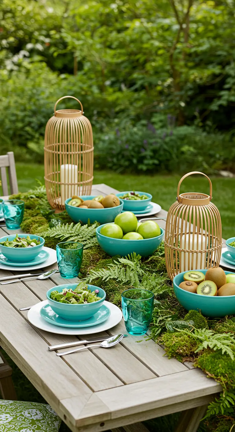 Table de jardin avec un chemin de table en mousse véritable, des fougères et des kiwis.