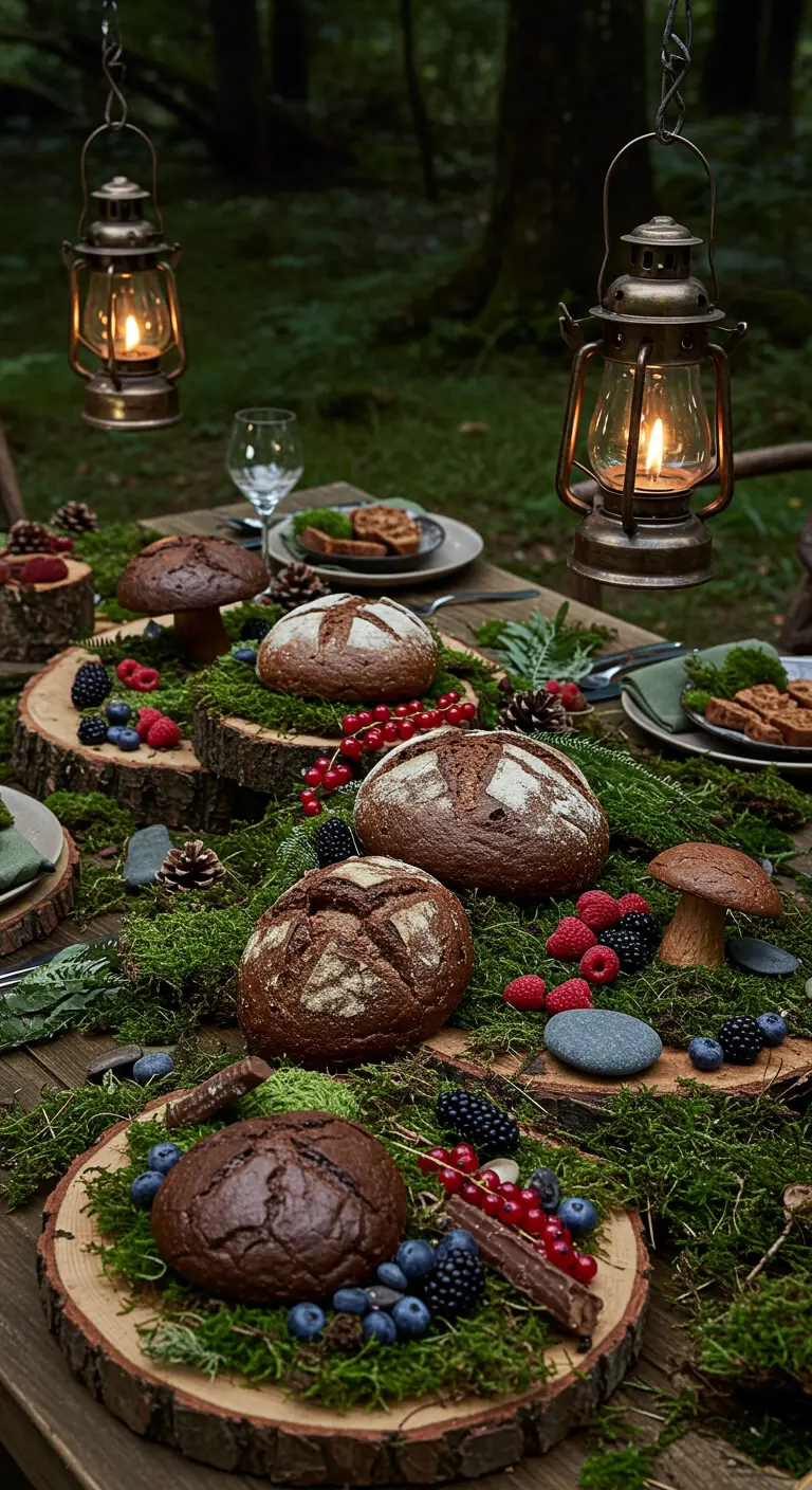 Table de fête en forêt avec pains rustiques, baies fraîches, rondins de bois et mousse.